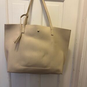 Cream Textured Tote Bag with Tassel Detail